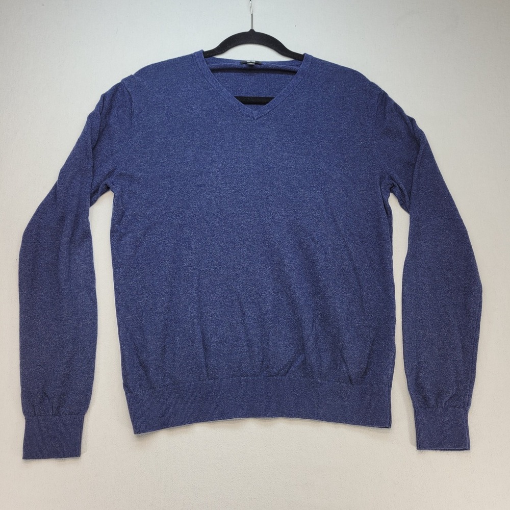 Uniqlo Sweater Mens Medium Blue Cashmere Cotton Blend V-Neck Tight Knit